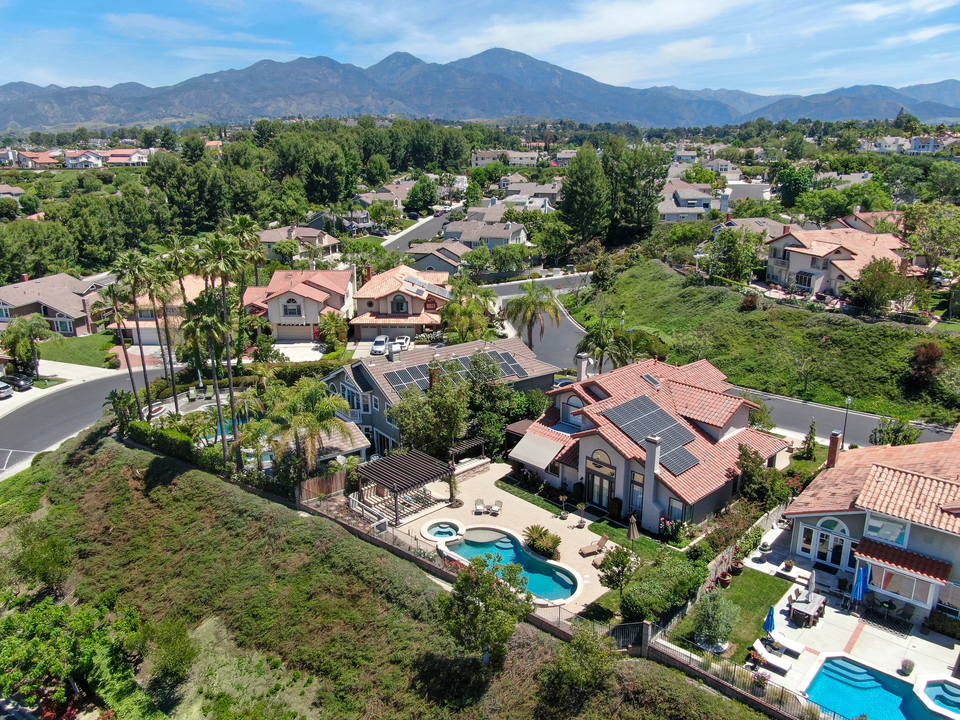 Aerial view of master-planned private communities with big villas with swimming pool, Mission Viejo