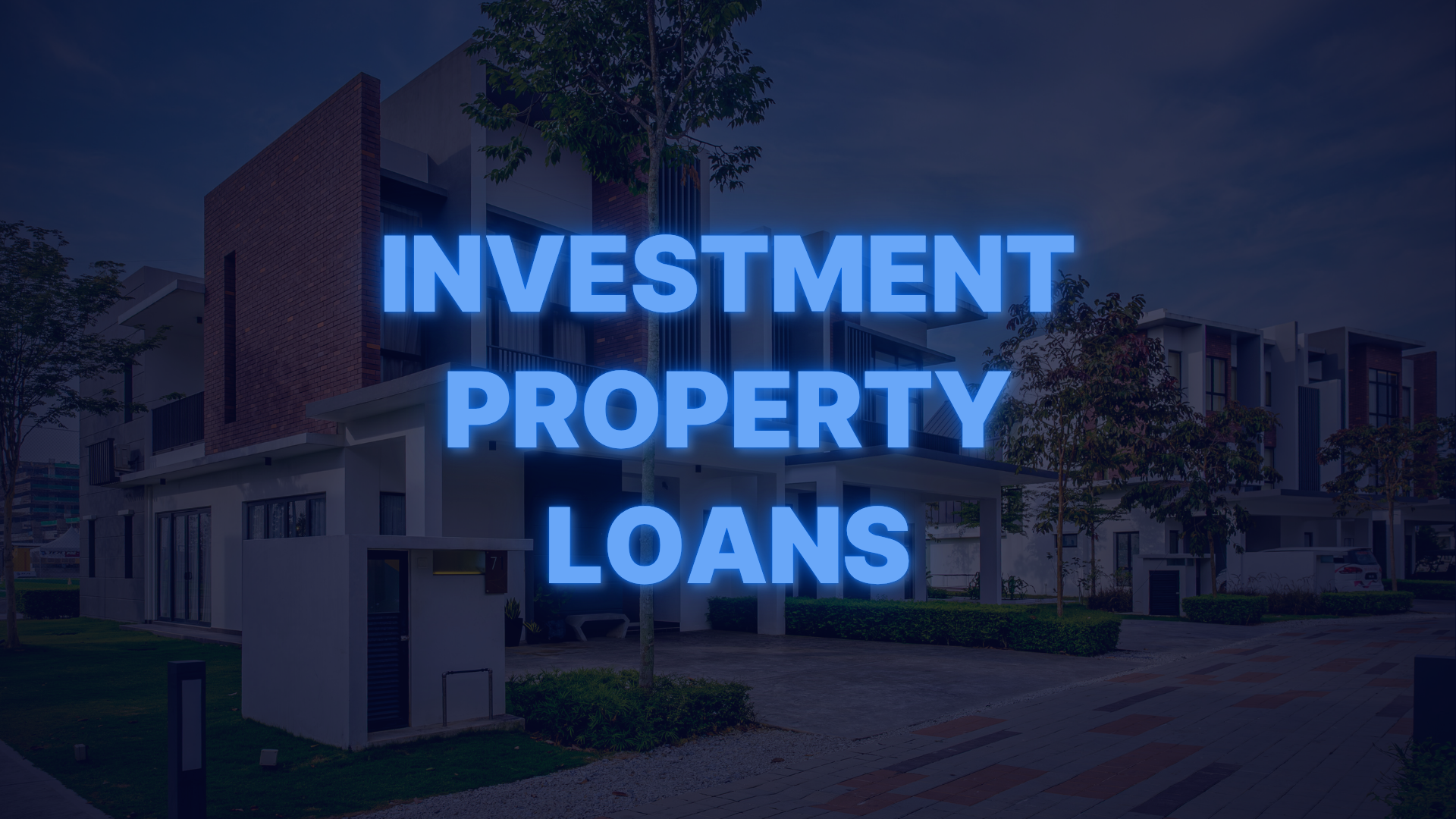 Modern townhouse complex with text promoting investment property mortgage loans and DSCR financing options.