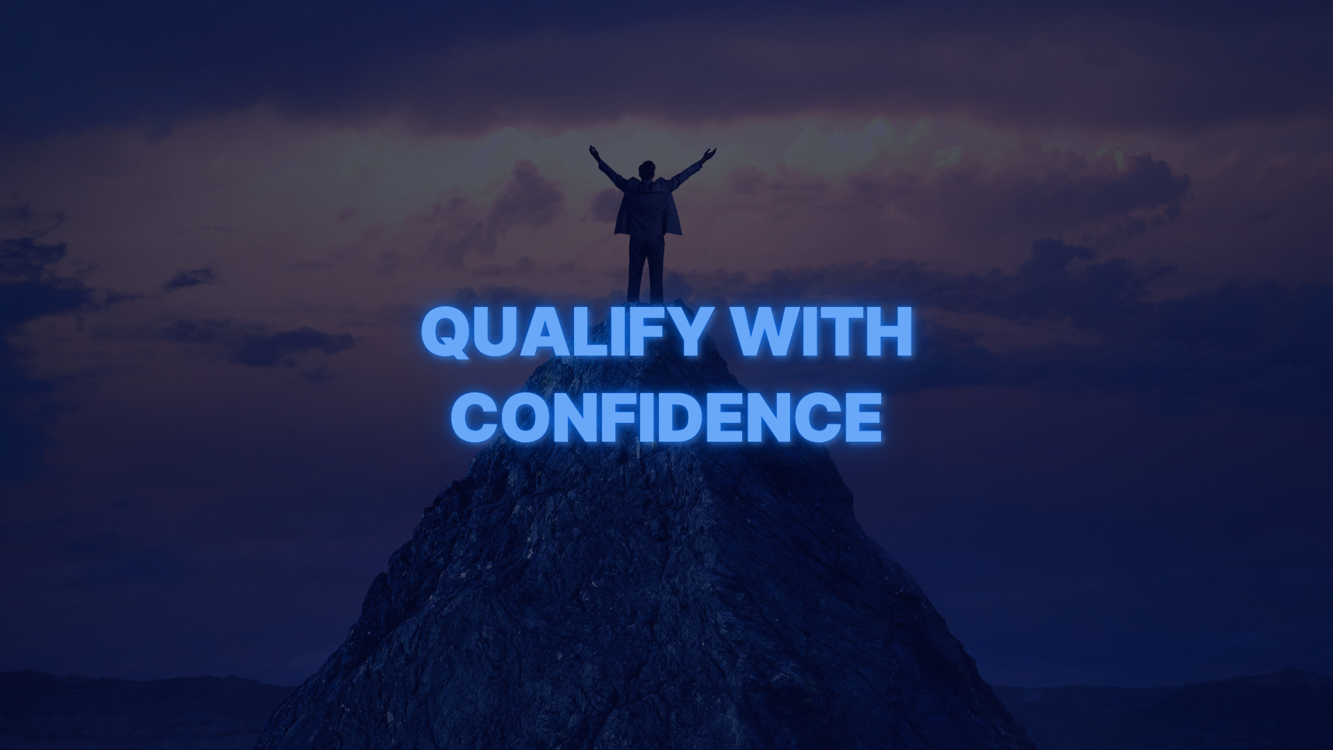 Person standing triumphantly on mountain peak at sunrise with text promoting confident home loan qualification.