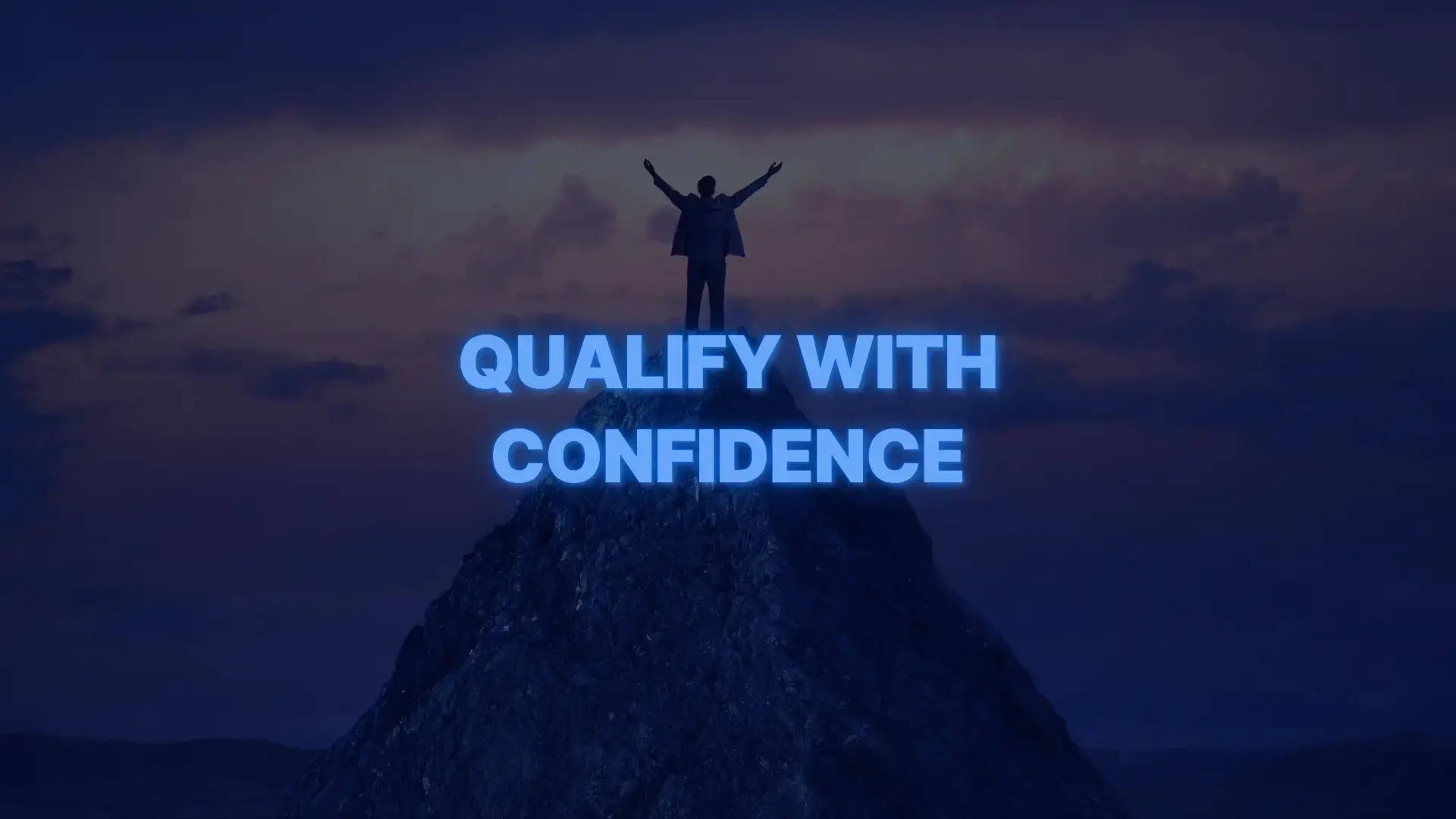 Person standing triumphantly on mountain peak at sunrise with text promoting confident home loan qualification.